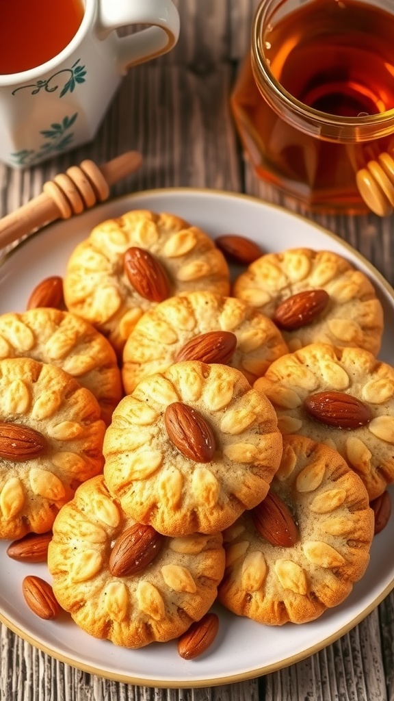 A plate of golden honey almond cookies garnished with almonds, alongside a cup of tea on a wooden table.